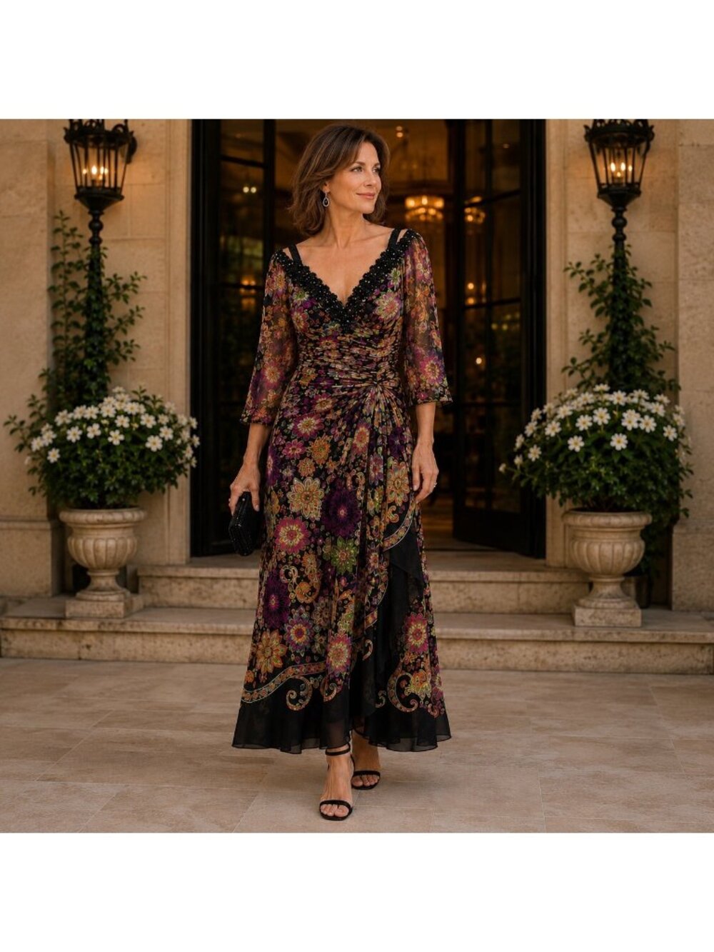 Vintage Lillie Rubin Womens Silk Floral Dress Size S Sequin Formal Evening Gown